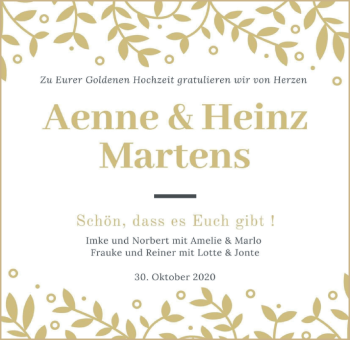 Hochzeitsanzeige von Aenne und Heinz Martens von NWZ