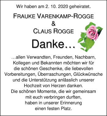 Hochzeitsanzeige von Frauke Varenkamp-Rogge von NWZ