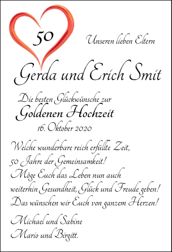 Hochzeitsanzeige von Gerda Smit von NWZ