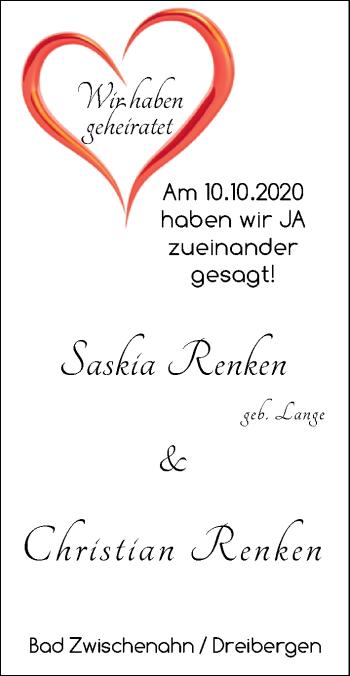 Hochzeitsanzeige von Saskia Renken von NWZ