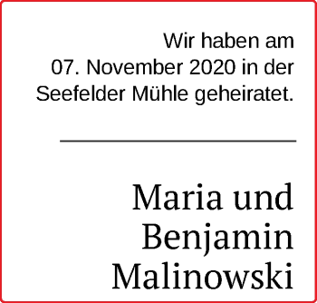 Hochzeitsanzeige von Maria Malinowski von NWZ
