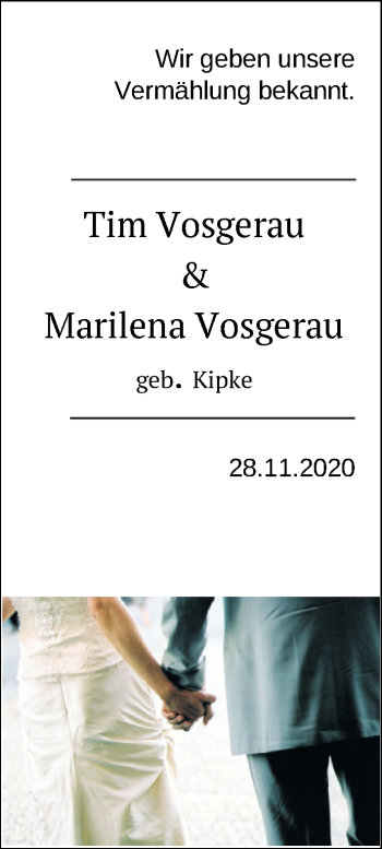 Hochzeitsanzeige von Tim Vosgerau von NWZ