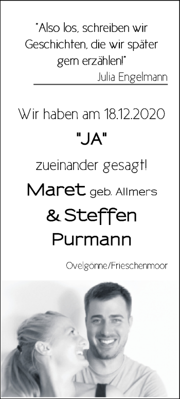 Hochzeitsanzeige von Maret Purmann von NWZ