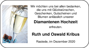 Hochzeitsanzeige von Ruth und Oswald Kribus von NWZ