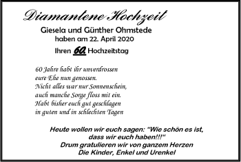 Hochzeitsanzeige von Giesela Ohmstede von NWZ