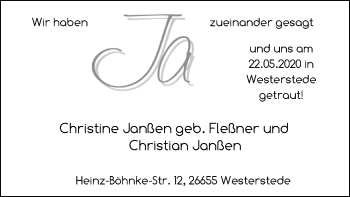 Hochzeitsanzeige von Christine Janßen von NWZ