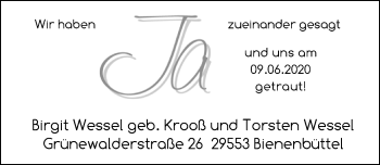 Hochzeitsanzeige von Birgit Wessel von NWZ