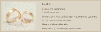 Hochzeitsanzeige von Marcel  von NWZ