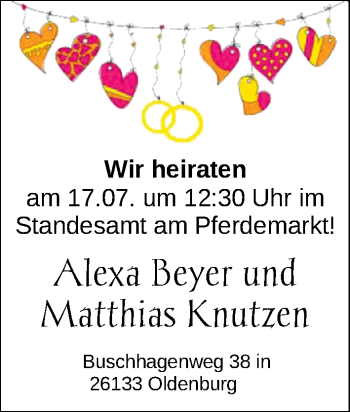 Hochzeitsanzeige von Alexa Beyer von NWZ