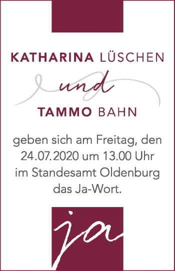 Hochzeitsanzeige von Katharina Lüschen von NWZ