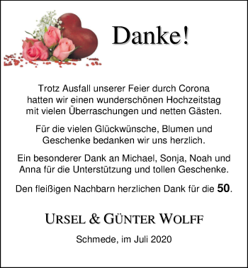 Hochzeitsanzeige von Ursel Wolff von NWZ