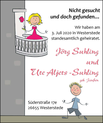 Hochzeitsanzeige von Ute Aljets-Suhling von NWZ