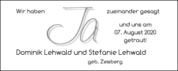 Hochzeitsanzeige von Dominik Lehwald von NWZ