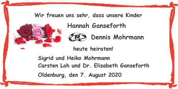 Hochzeitsanzeige von Hannah Ganseforth von NWZ
