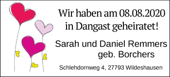 Hochzeitsanzeige von Sarah Remmers von NWZ