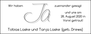 Hochzeitsanzeige von Tobias Laske von NWZ