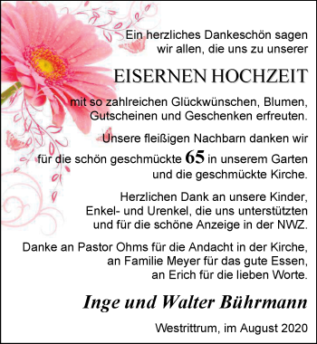 Hochzeitsanzeige von Walter Bührmann von NWZ