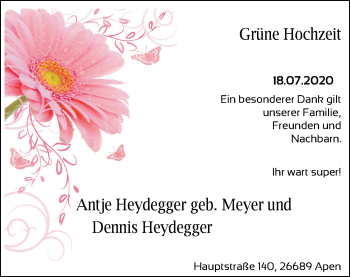 Hochzeitsanzeige von Antje Heydegger von NWZ