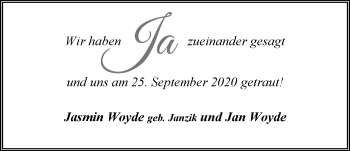 Hochzeitsanzeige von Jasmin Woyde von NWZ