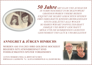 Hochzeitsanzeige von Annegret Hinrichs von NWZ