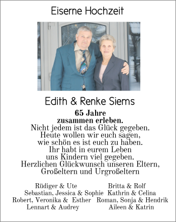 Hochzeitsanzeige von Edith Siems von NWZ