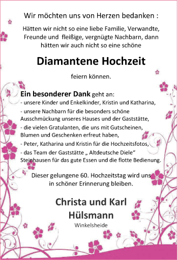 Hochzeitsanzeige von Christa Hülsmann von NWZ