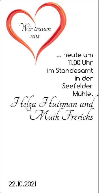 Hochzeitsanzeige von Helga Huisman von NWZ