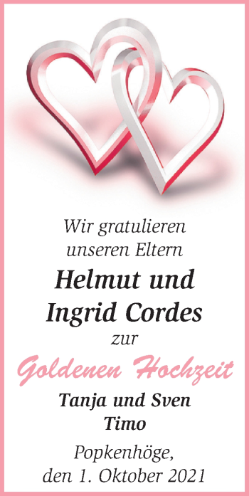 Hochzeitsanzeige von Helmut Cordes von NWZ