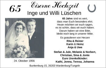 Hochzeitsanzeige von Inge Lüschen von NWZ