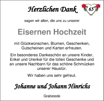 Hochzeitsanzeige von Johann Hinrichs von NWZ