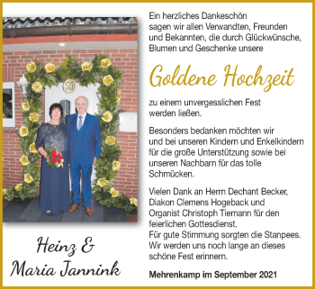 Hochzeitsanzeige von Maria Jannink von NWZ