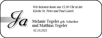 Hochzeitsanzeige von Melanie Tegeler von NWZ