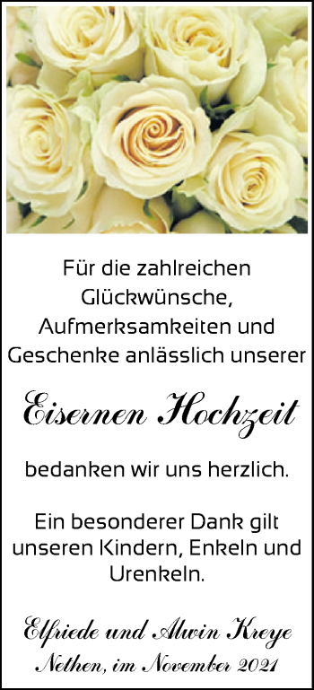 Hochzeitsanzeige von Elfriede Kreye von NWZ