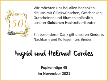 Hochzeitsanzeige von Ingrid Cordes von NWZ