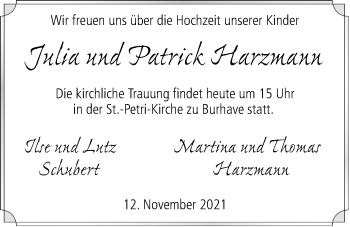 Hochzeitsanzeige von Julia Harzmann von NWZ
