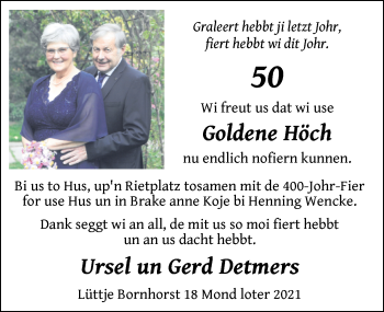 Hochzeitsanzeige von Ursel Detmers von NWZ