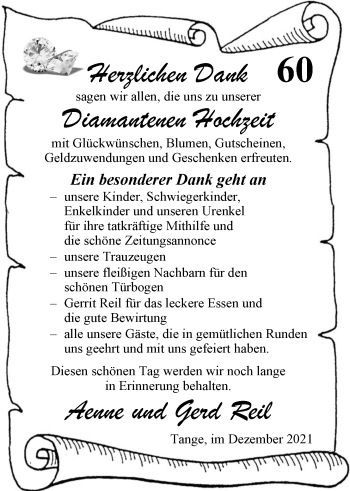 Hochzeitsanzeige von Aenne Reil von Nordwest Zeitung