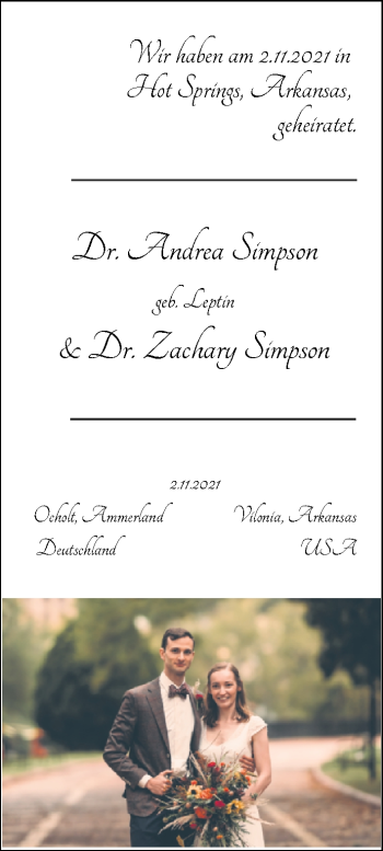 Hochzeitsanzeige von Dr. Andrea Simpson von NWZ