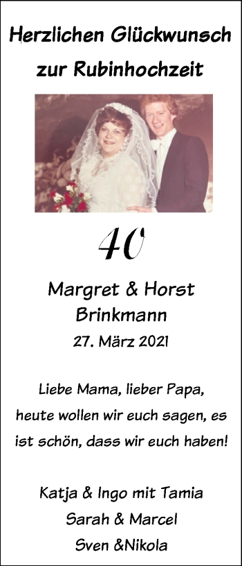 Hochzeitsanzeige von Margret Brinkmann von NWZ