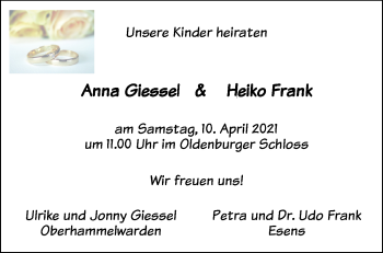 Hochzeitsanzeige von Anna Giessel von NWZ