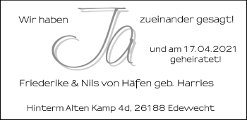 Hochzeitsanzeige von Friederike von Häfen von NWZ