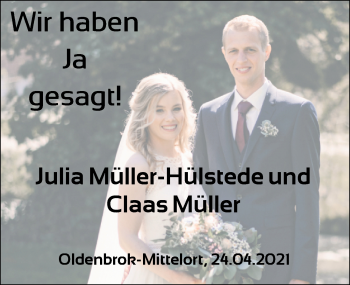 Hochzeitsanzeige von Julia Müller-Hülstede von NWZ