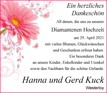 Hochzeitsanzeige von Hanna Kuck von NWZ