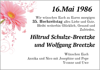 Hochzeitsanzeige von Hiltrud Schulze-Breetzke von NWZ