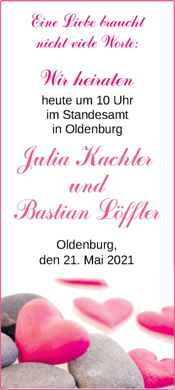 Hochzeitsanzeige von Julia Kachler von NWZ