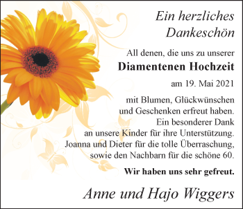 Hochzeitsanzeige von Anne Wiggers von NWZ