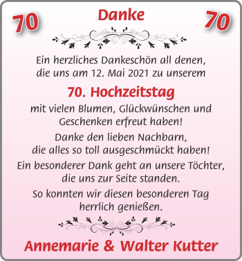 Hochzeitsanzeige von Annemarie Kutter von NWZ