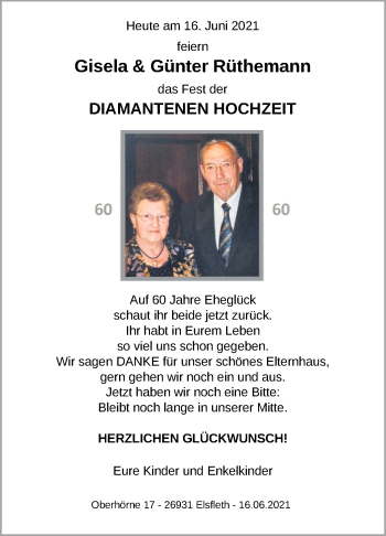 Hochzeitsanzeige von Gisela Rüthemann von NWZ