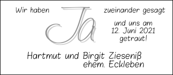 Hochzeitsanzeige von Hartmut Zieseniß von NWZ
