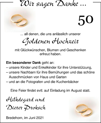 Hochzeitsanzeige von Hildegard Proksch von NWZ